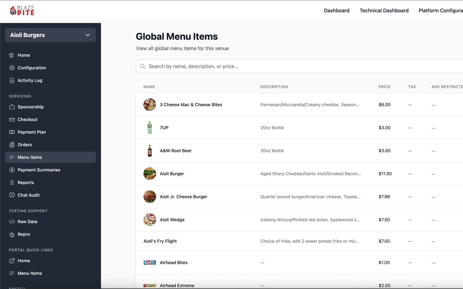 BlazeBite Admin Portal live screenshot